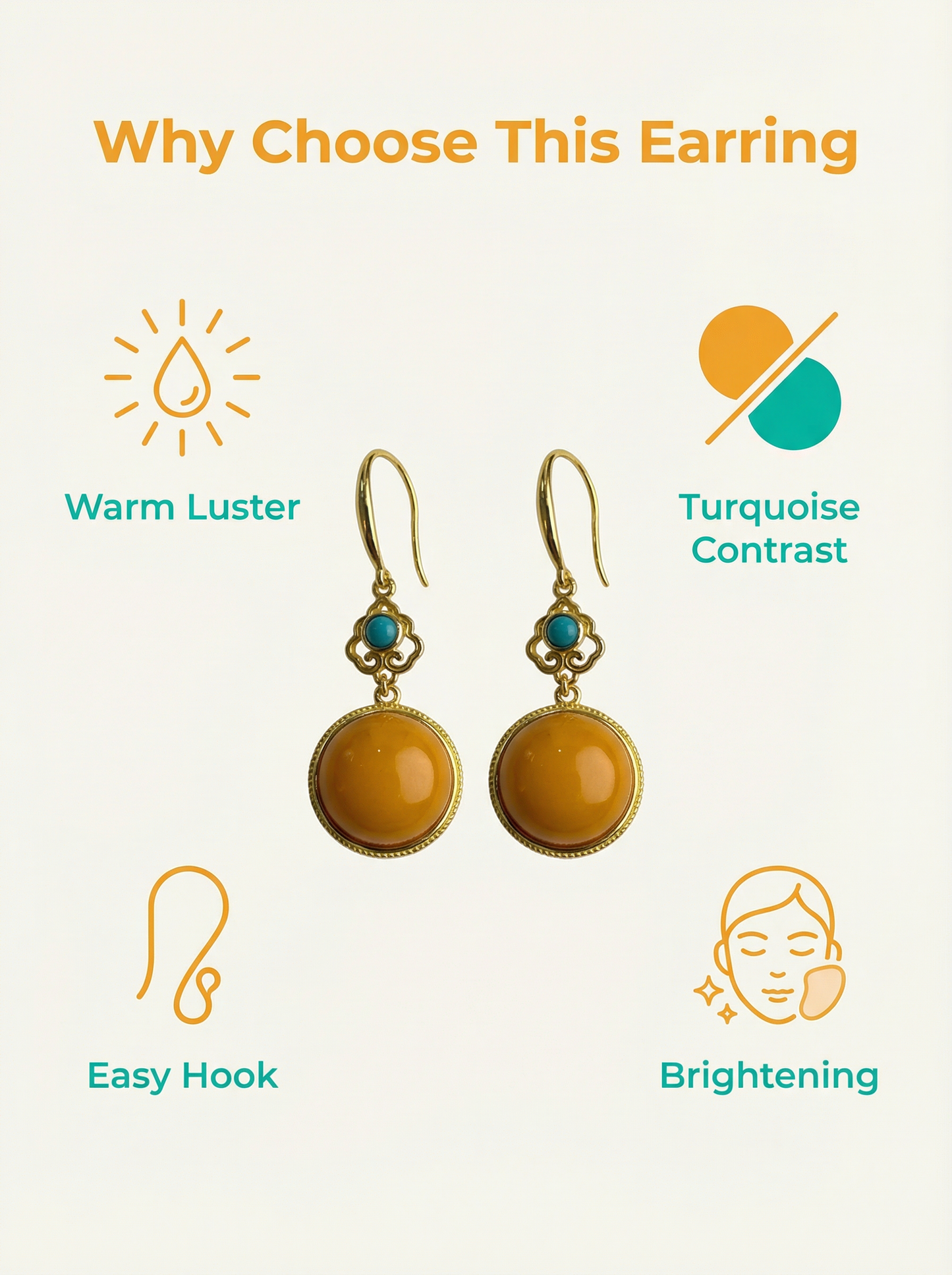 Elegant Natural Amber Turquoise Hook Earrings- 925 Sterling Silver Setting