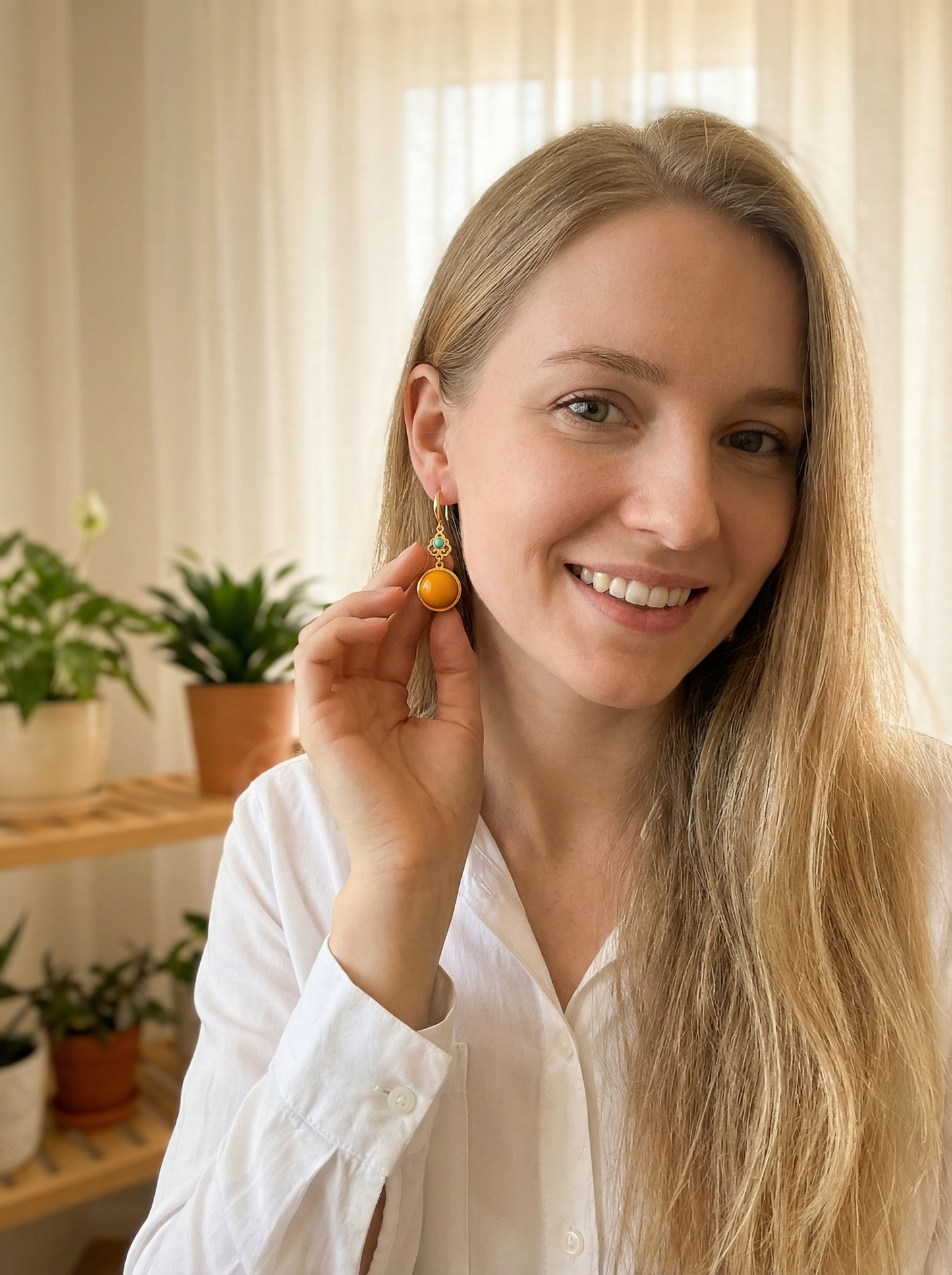 Elegant Natural Amber Turquoise Hook Earrings- 925 Sterling Silver Setting