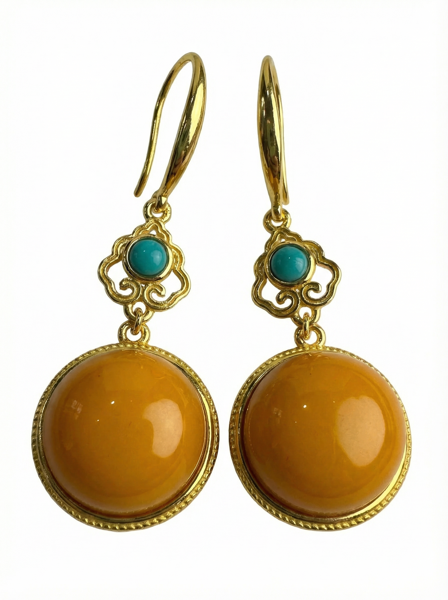 Elegant Natural Amber Turquoise Hook Earrings- 925 Sterling Silver Setting