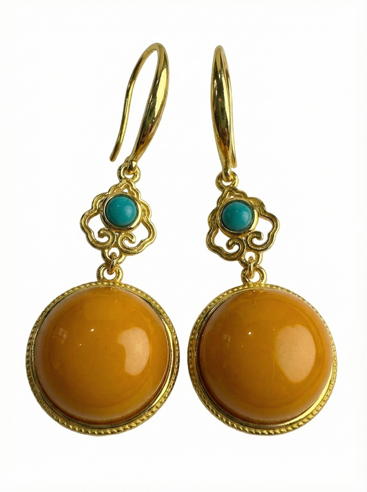 Elegant Natural Amber Turquoise Hook Earrings- 925 Sterling Silver Setting
