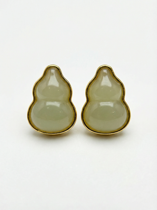 Handcarved Natural Hetian Jade Gourd Stud Earrings