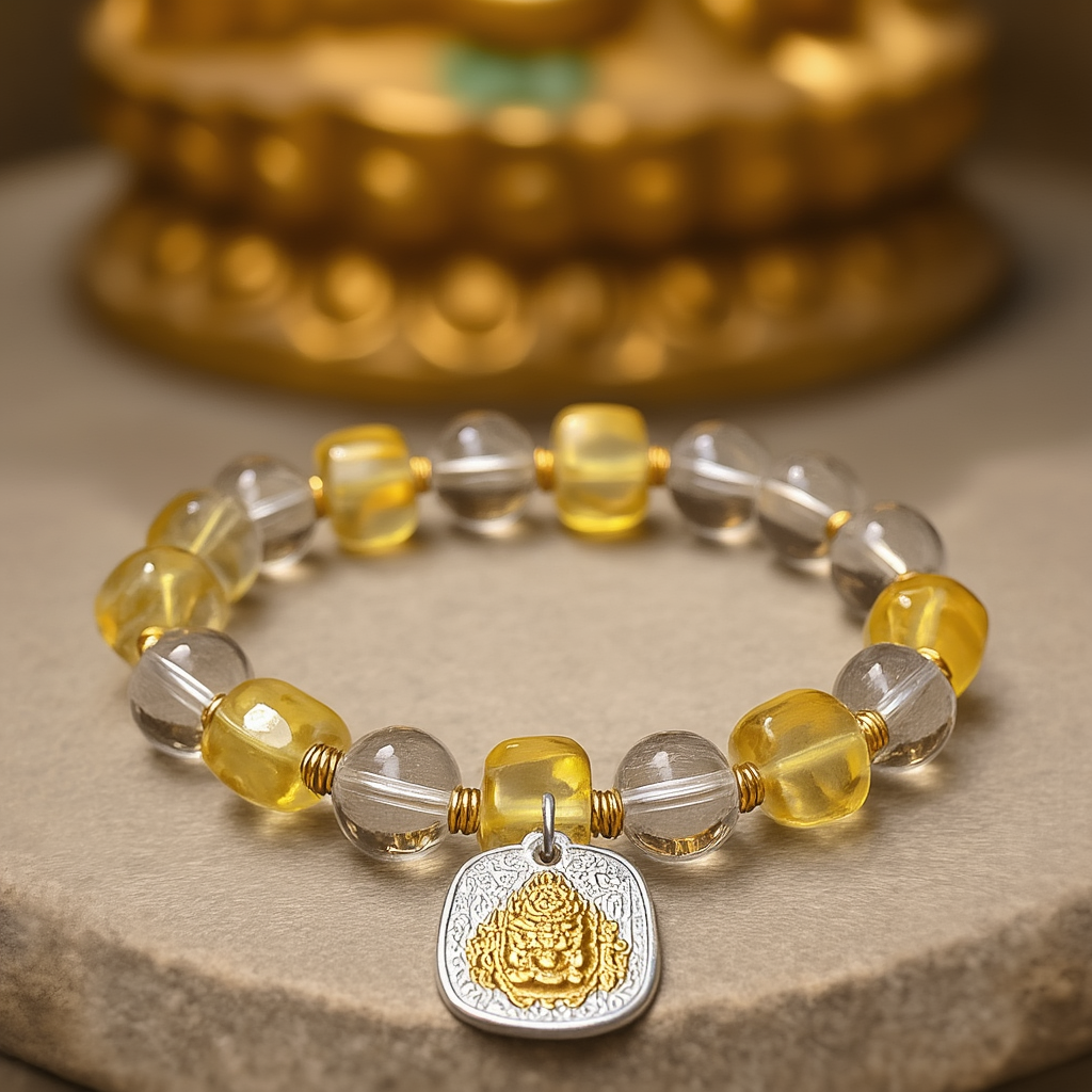 Natural Amber & Crystal Beaded Bracelet