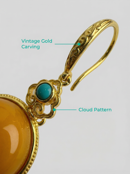 Elegant Natural Amber Turquoise Hook Earrings- 925 Sterling Silver Setting