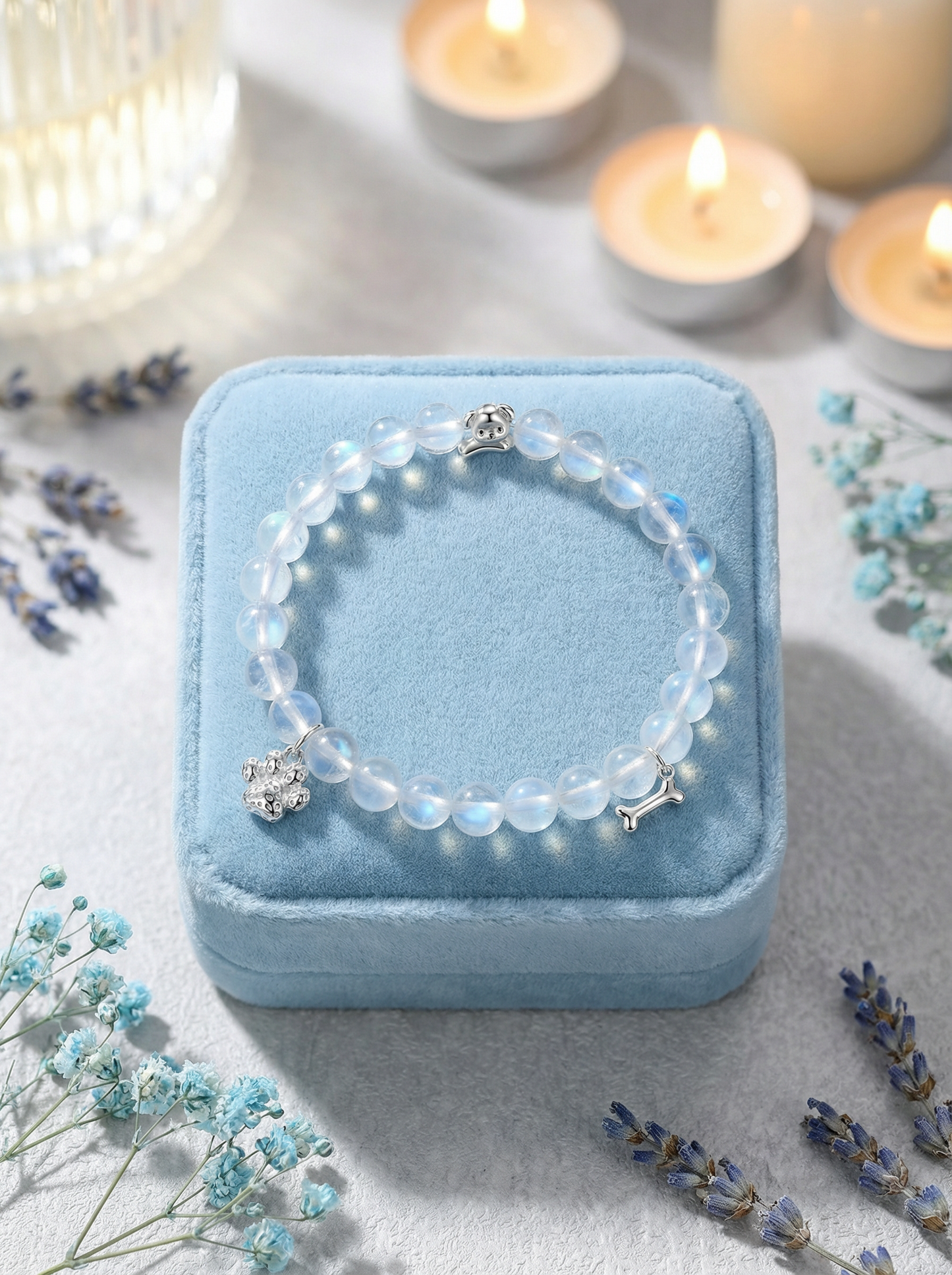 Moonstone Dog-Themed Stretch Bracelet with 925 Sterling Silver