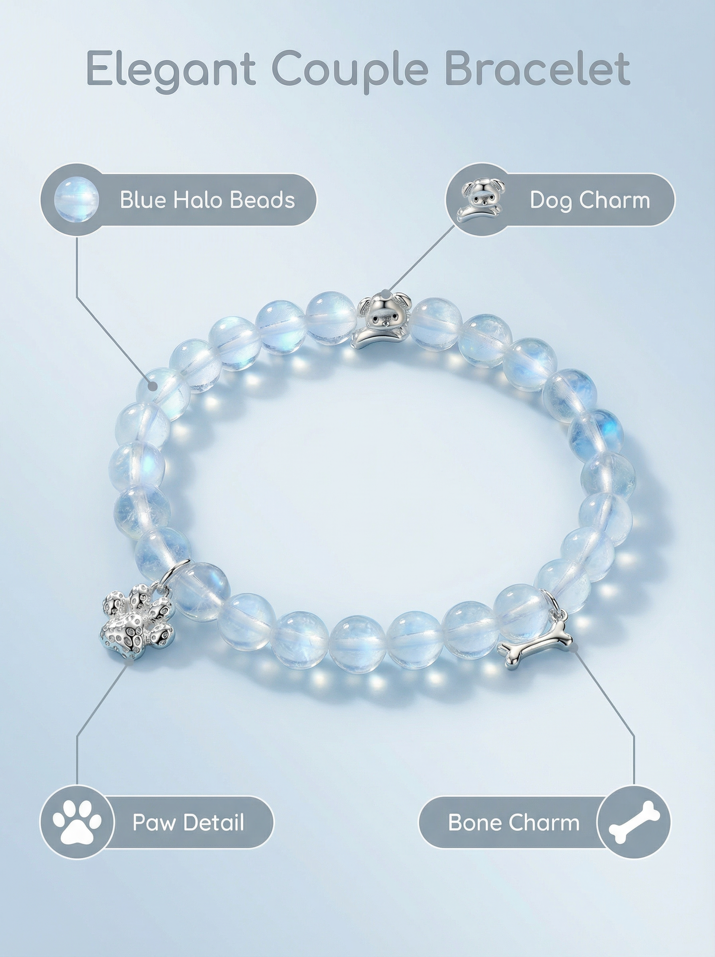 Moonstone Dog-Themed Stretch Bracelet with 925 Sterling Silver