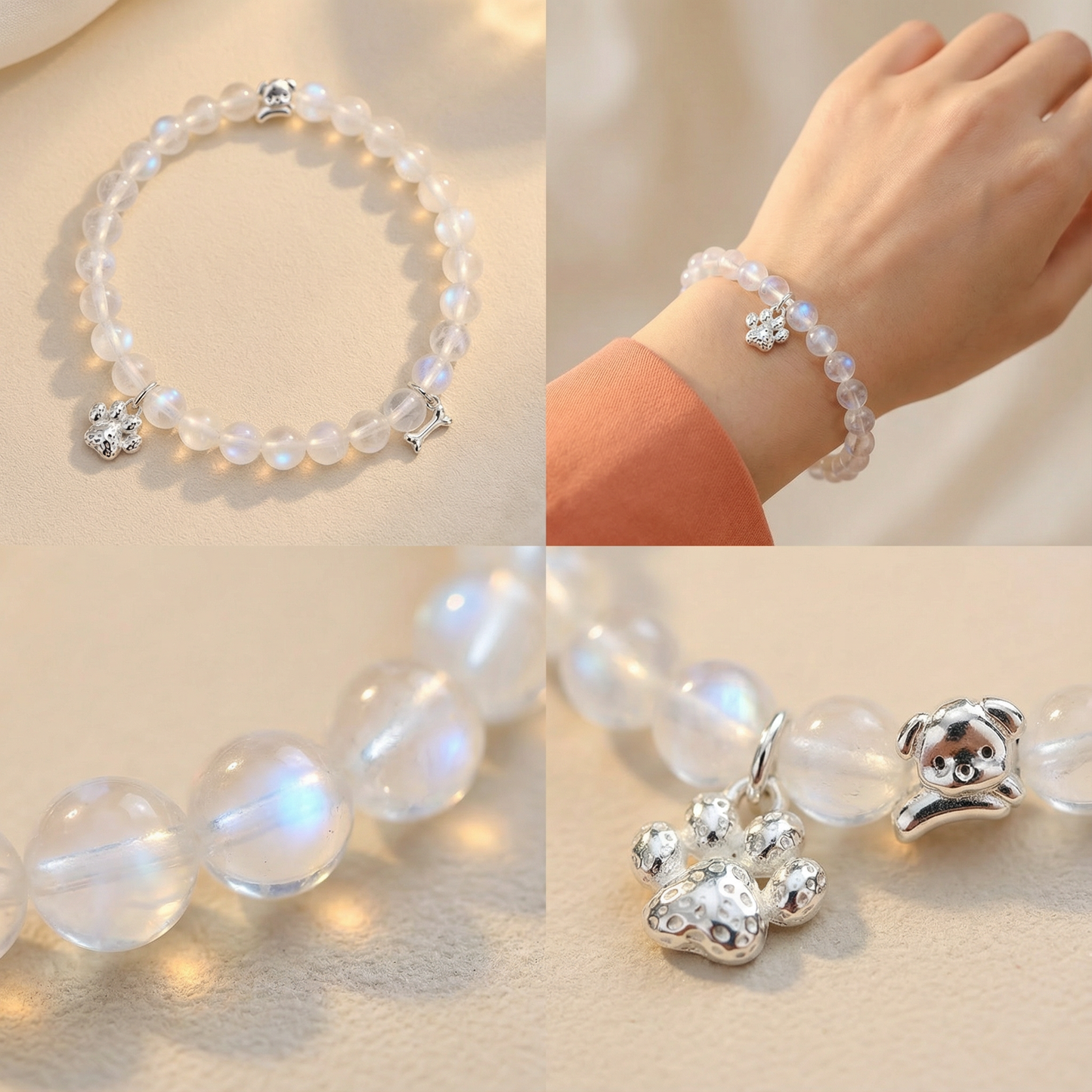 Moonstone Dog-Themed Stretch Bracelet with 925 Sterling Silver