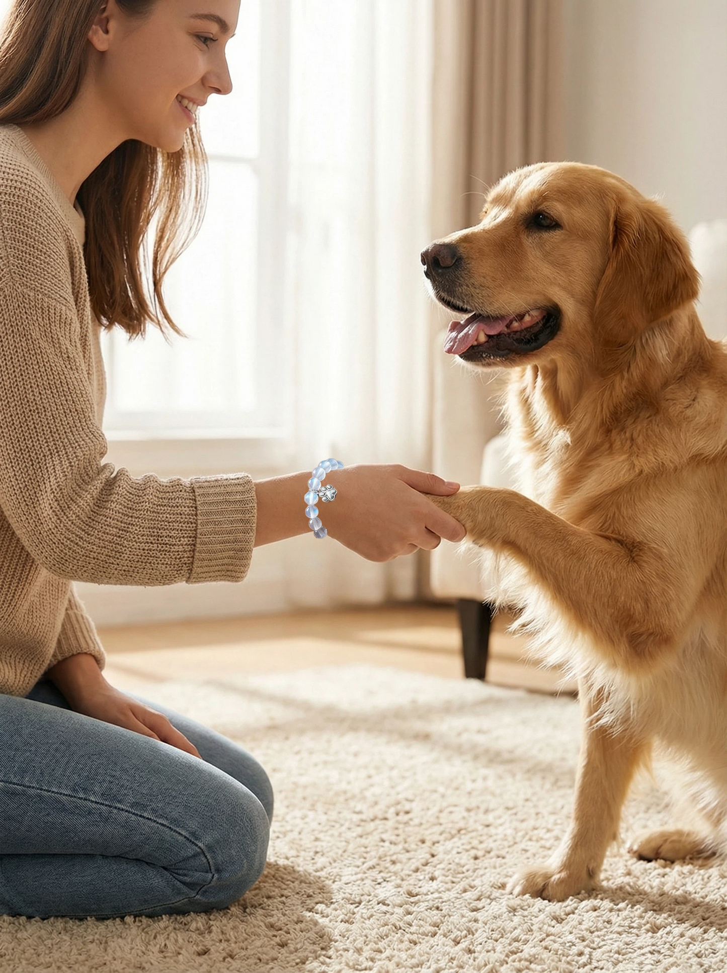 Moonstone Dog-Themed Stretch Bracelet with 925 Sterling Silver