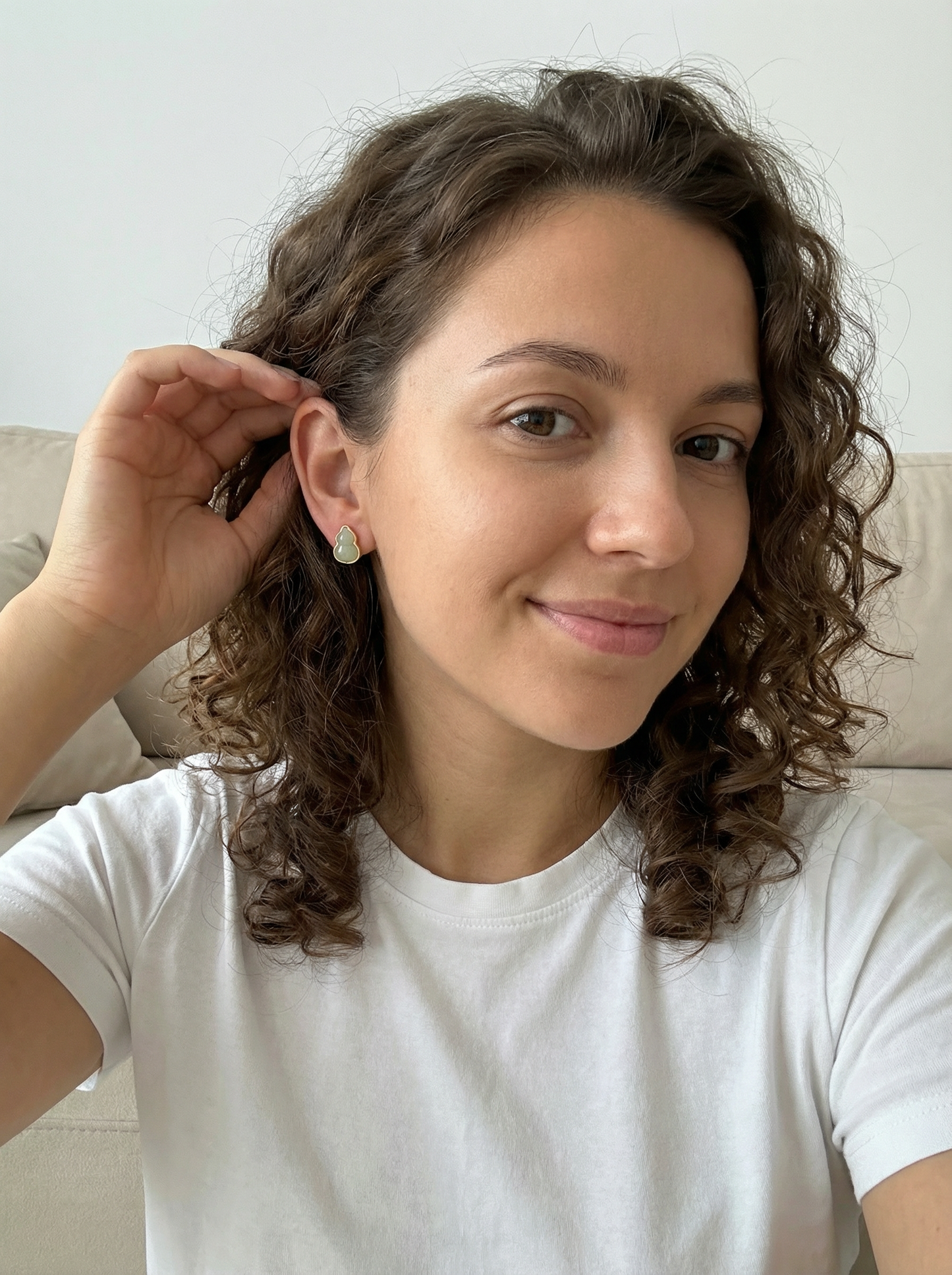 Handcarved Natural Hetian Jade Gourd Stud Earrings